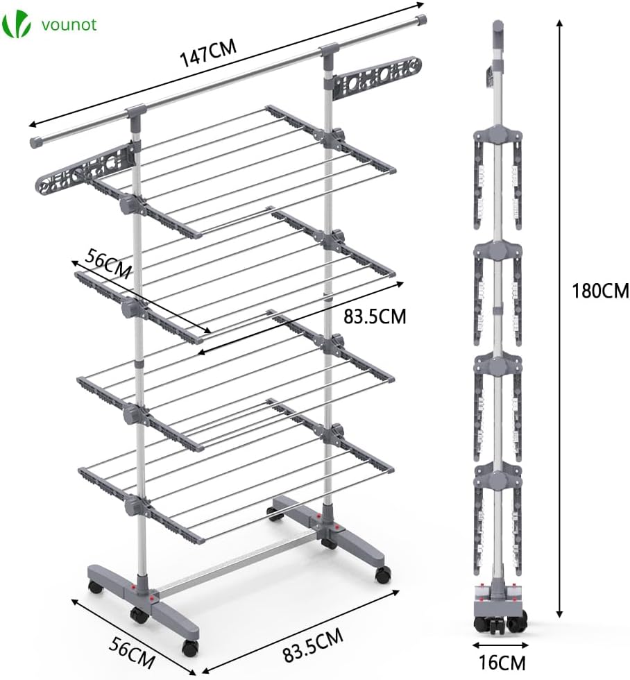 VOUNOT 4 Tier Clothes Airer Drying Rack, Large Clothes Horse with Telescopic Rod & Wheels, Folding Stainless Steel Laundry Racks for Indoor Outdoor-6