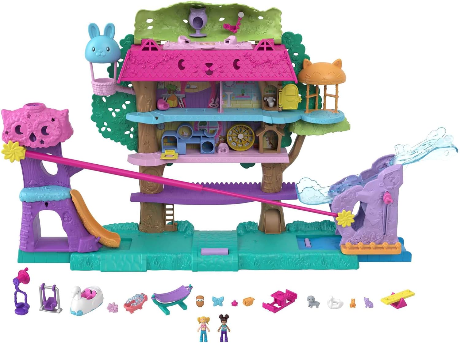 Polly Pocket Doll House with 2 Micro Dolls and Accessories, Toy Car, Funriture and 4 Pets, Expandable Pet Adventure House, Gifts for Kids​​, HJJ98-0