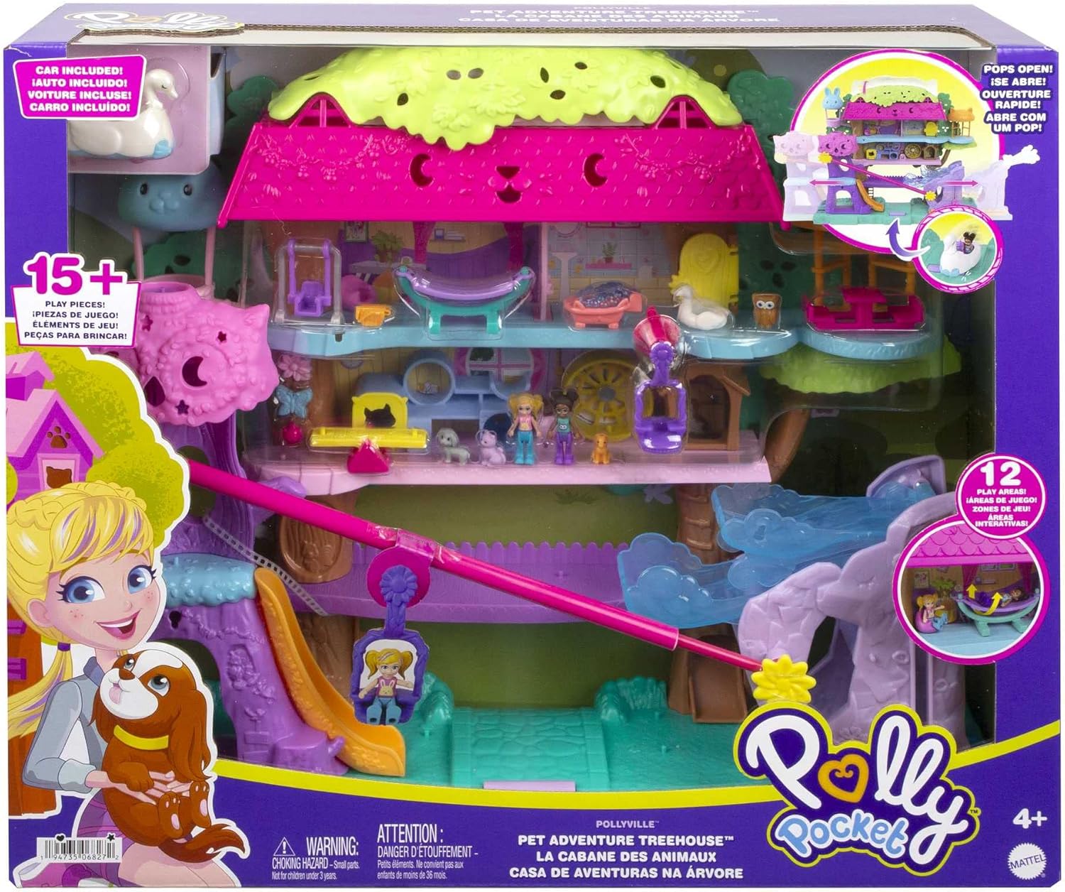 Polly Pocket Doll House with 2 Micro Dolls and Accessories, Toy Car, Funriture and 4 Pets, Expandable Pet Adventure House, Gifts for Kids​​, HJJ98-5