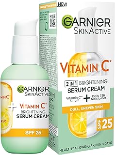 Garnier Vitamin C Serum Cream, 2in1 Formula With 20% Vitamin C serum & SPF 25 Moisturiser, Hydrate & Reveal Bright Glowing Skin, Organic & Vegan Formula, 50ml