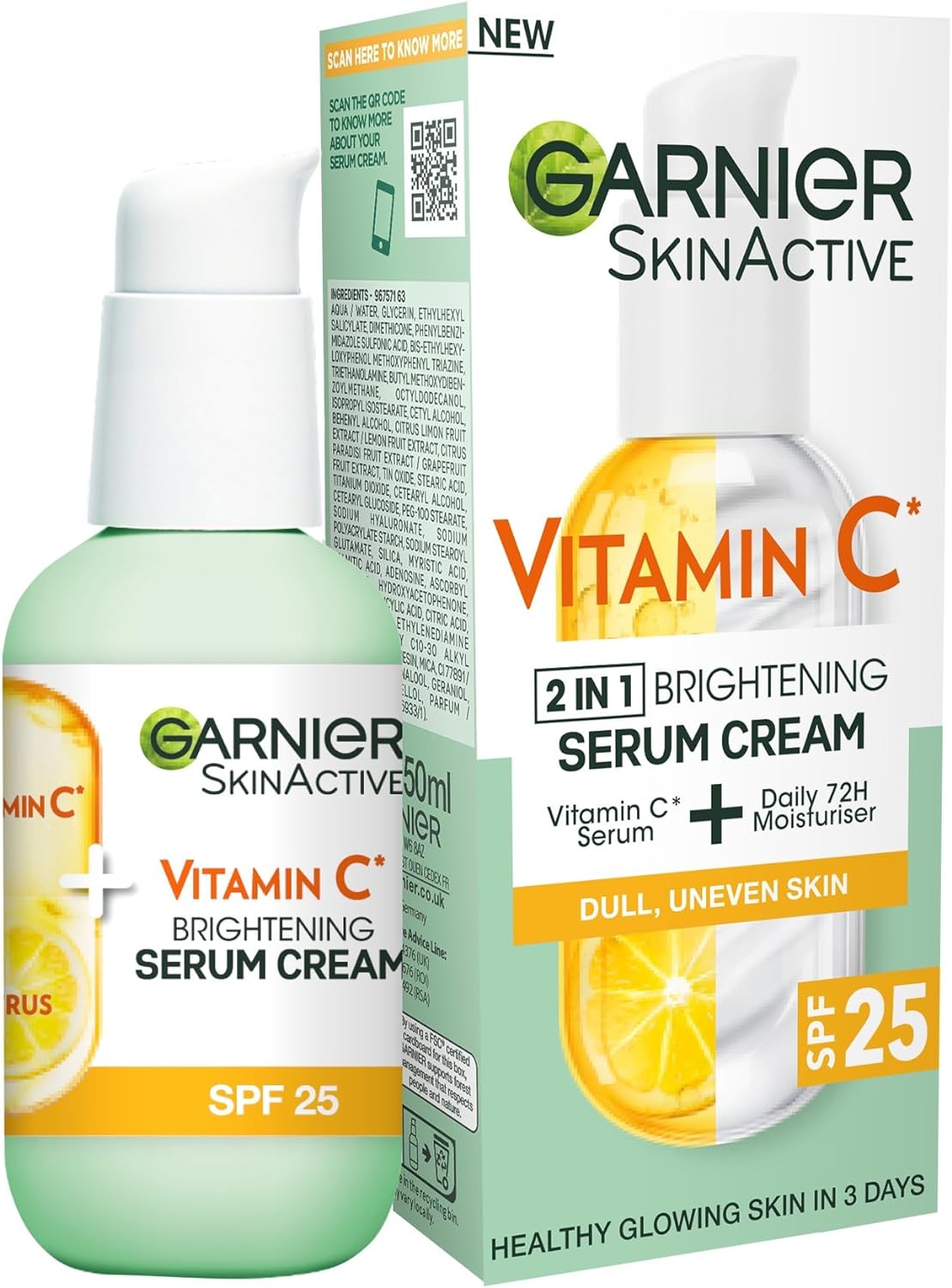 Garnier Vitamin C Serum Cream, 2in1 Formula With 20% Vitamin C serum & SPF 25 Moisturiser, Hydrate & Reveal Bright Glowing Skin, Organic & Vegan Formula, 50ml-0