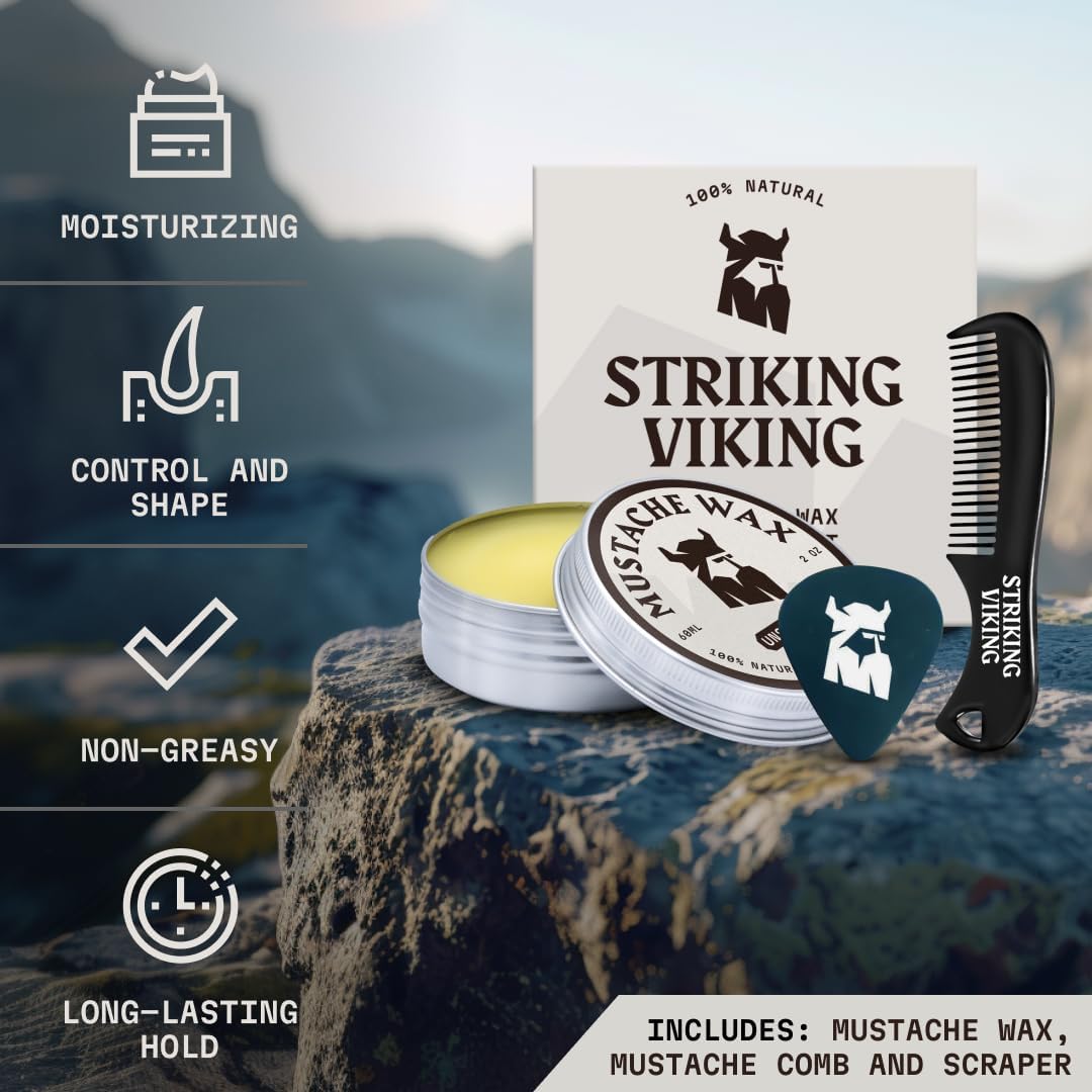 Striking Viking Mustache Wax and Comb Kit - Beard and Moustache Wax for Men with Strong Hold Natural Beeswax - Helps Tame, Style, and Groom (2 ounce) - Moustache Wax and Comb (2 Oz, Unscented)-1