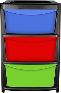 simpahome Multicolour Plastic Modular Storage Tower Drawer Chest Unit with Gloss Finish - Tower: BLACK - 3 Drawers: BLUE, RED & GREEN - Assembly Required