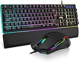 RedThunder K10 Wired Gaming Keyboard and Mouse Combo, UK Layout, True RGB Backlight, Soft Leather Wrist Rest, Mechanical Feel Ergonomic Anti-Ghosting Keyboard + 7D 7200 DPI Mouse for PC, Mac (Black)