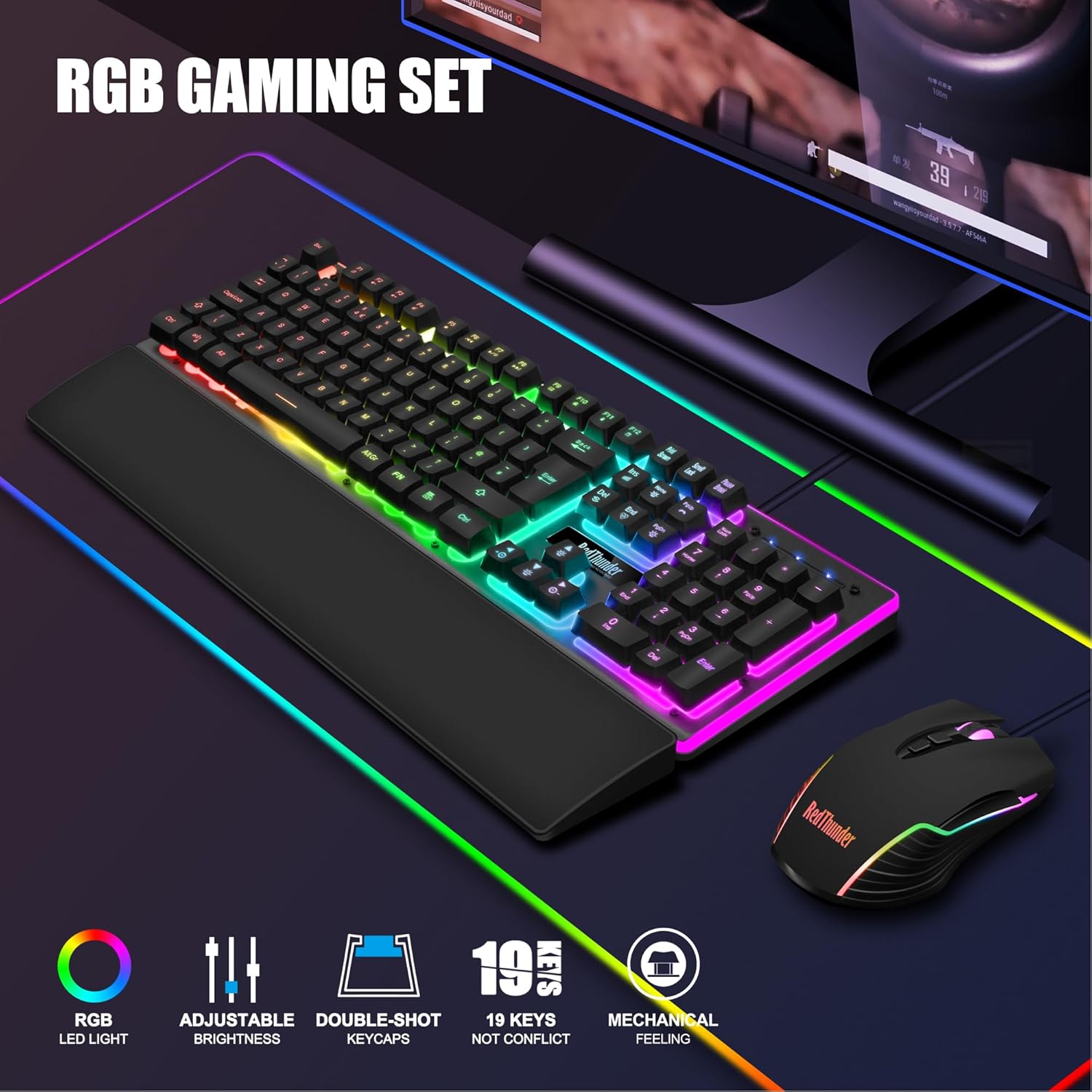 RedThunder K10 Wired Gaming Keyboard and Mouse Combo, UK Layout, True RGB Backlight, Soft Leather Wrist Rest, Mechanical Feel Ergonomic Anti-Ghosting Keyboard + 7D 7200 DPI Mouse for PC, Mac (Black)-1