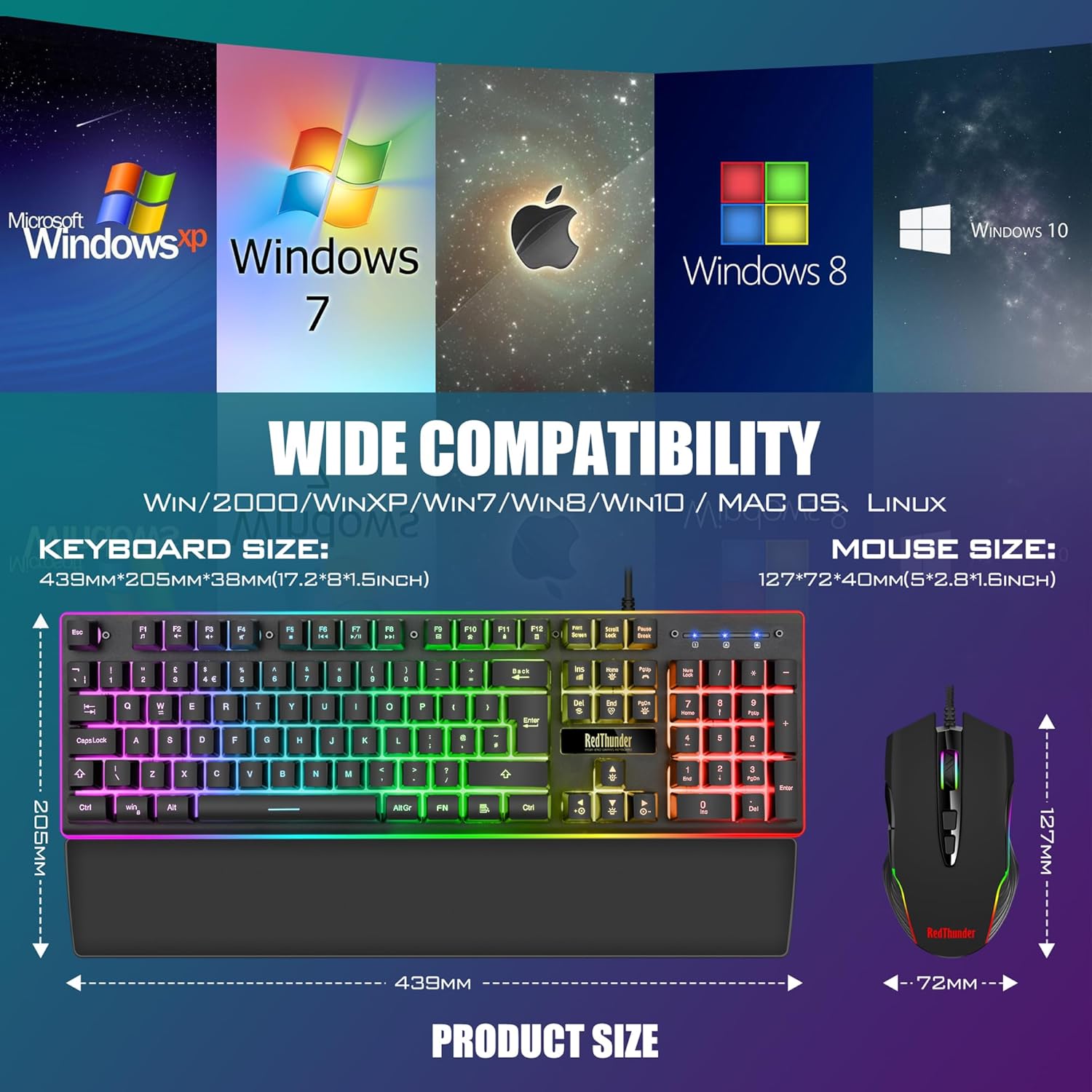 RedThunder K10 Wired Gaming Keyboard and Mouse Combo, UK Layout, True RGB Backlight, Soft Leather Wrist Rest, Mechanical Feel Ergonomic Anti-Ghosting Keyboard + 7D 7200 DPI Mouse for PC, Mac (Black)-5