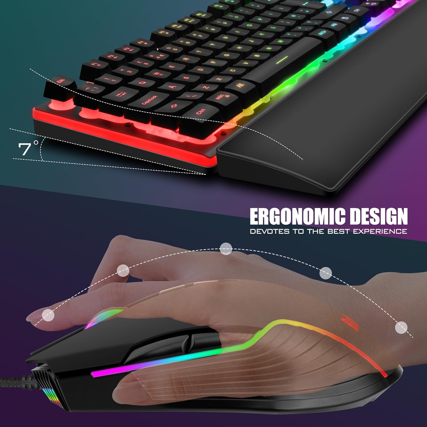 RedThunder K10 Wired Gaming Keyboard and Mouse Combo, UK Layout, True RGB Backlight, Soft Leather Wrist Rest, Mechanical Feel Ergonomic Anti-Ghosting Keyboard + 7D 7200 DPI Mouse for PC, Mac (Black)-6