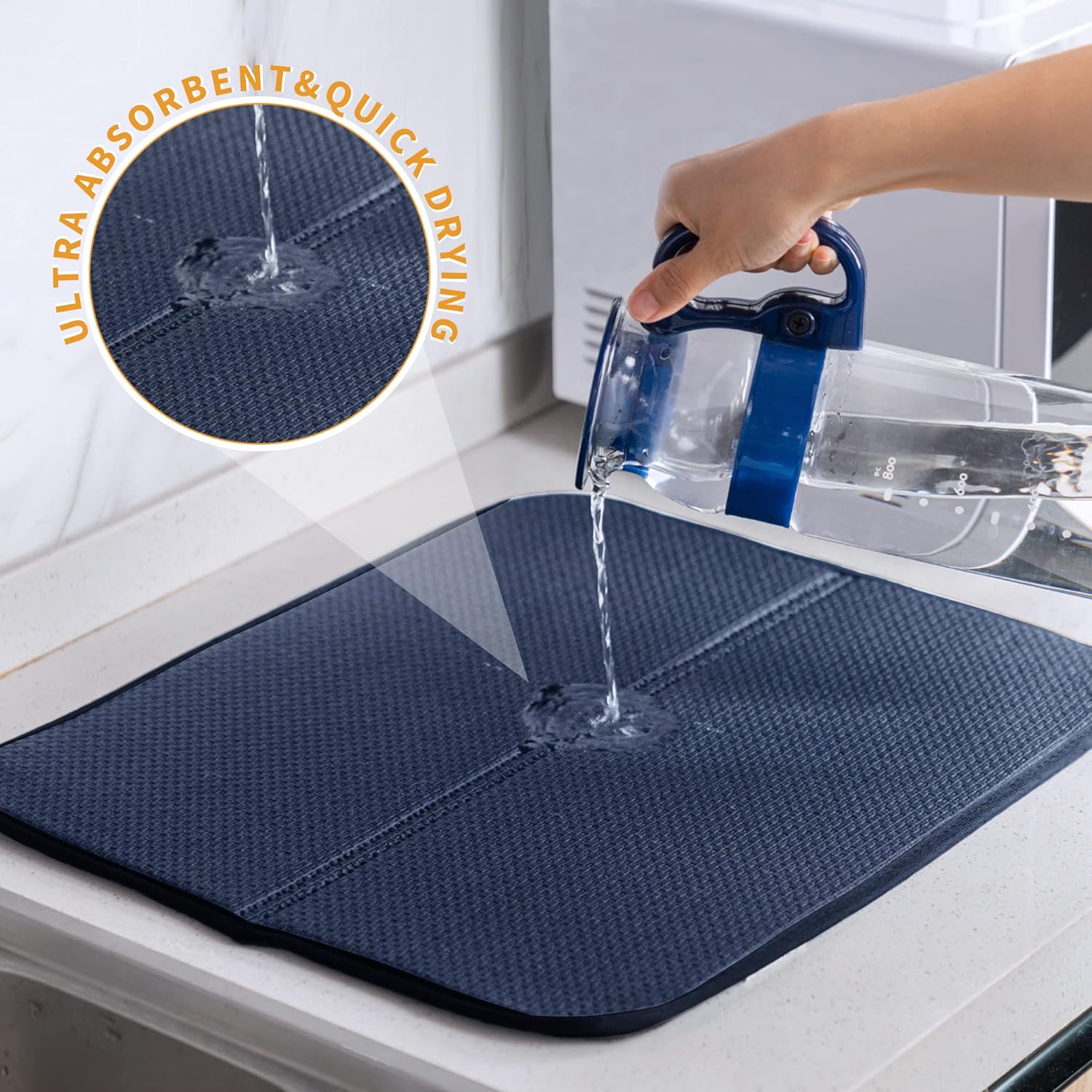 RECYCO Microfiber Dish Drying Mat for Kitchen Counter 44x36cm, 2 Pack, Ultra Absorbent Dish Drainer Rack Pad for Countertop (Navy)-4