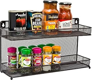 Amtido Spice Rack | 2 Tier Free Standing & Wall Mounted Seasoning Storage Organiser Racks | Inside Kitchen Cupboard Door Storage for Herbs and Spices Jars | Metal Mesh Bronze - 2 PACK