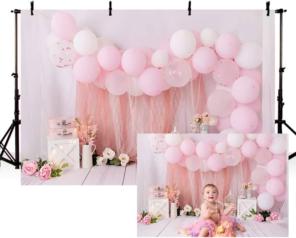 MEHOFOND 7x5ft Pink Girl Birthday Portrait Photography Backdrops Balloon Flower Child Kids Party Cake Smash Table Decoration Banner Newborn Background Photo Studio Gift Supplies-0