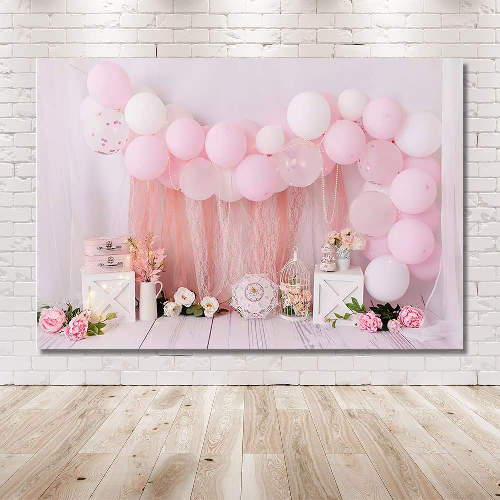 MEHOFOND 7x5ft Pink Girl Birthday Portrait Photography Backdrops Balloon Flower Child Kids Party Cake Smash Table Decoration Banner Newborn Background Photo Studio Gift Supplies-1