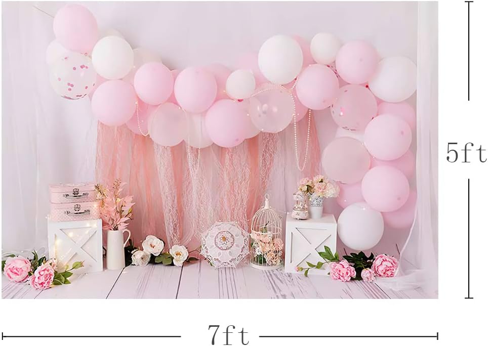 MEHOFOND 7x5ft Pink Girl Birthday Portrait Photography Backdrops Balloon Flower Child Kids Party Cake Smash Table Decoration Banner Newborn Background Photo Studio Gift Supplies-2