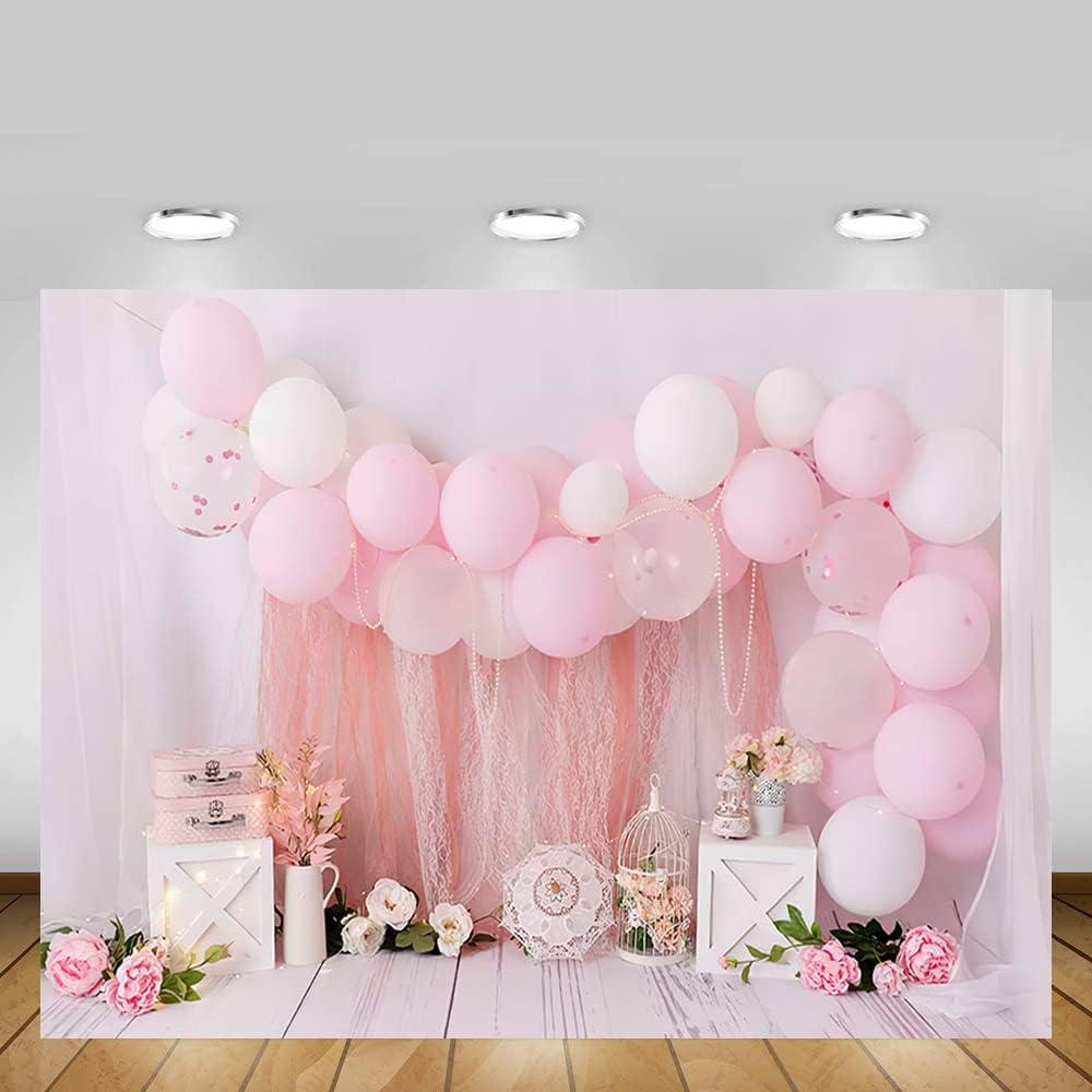 MEHOFOND 7x5ft Pink Girl Birthday Portrait Photography Backdrops Balloon Flower Child Kids Party Cake Smash Table Decoration Banner Newborn Background Photo Studio Gift Supplies-3