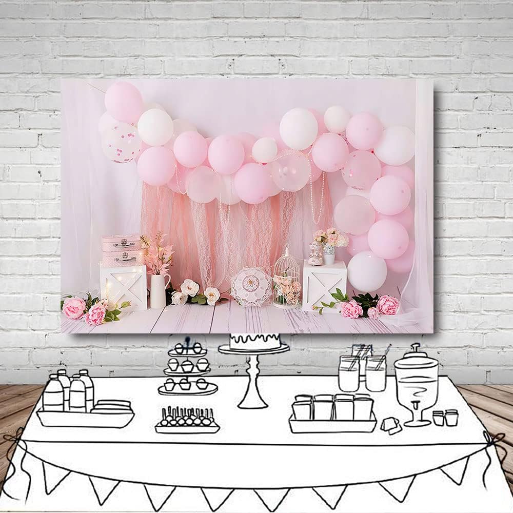 MEHOFOND 7x5ft Pink Girl Birthday Portrait Photography Backdrops Balloon Flower Child Kids Party Cake Smash Table Decoration Banner Newborn Background Photo Studio Gift Supplies-4