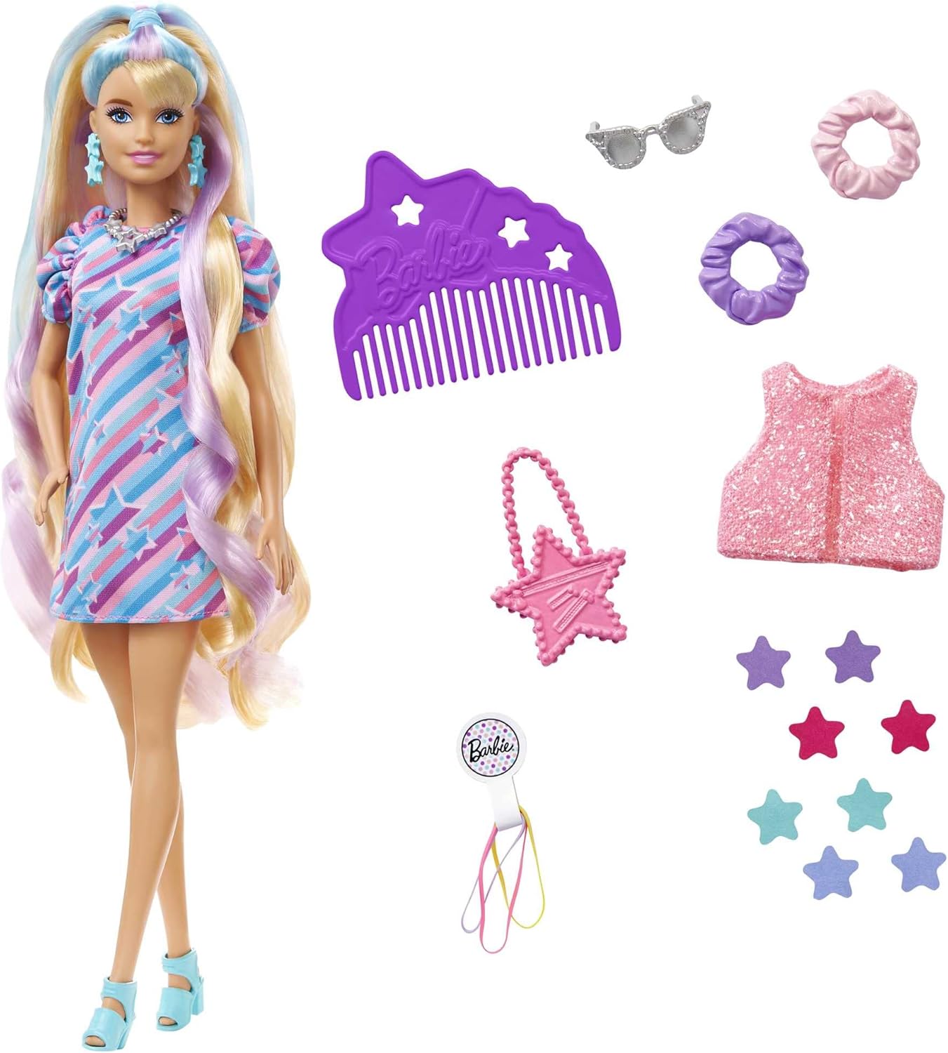 Barbie Totally Hair Doll, Barbie Doll with Blue and Pink-Streaked Blonde Hair, 15 Styling Accessories Including 8 with Colour-Changing Features, Toys for Ages 3 and Up, One Doll, HCM88-0