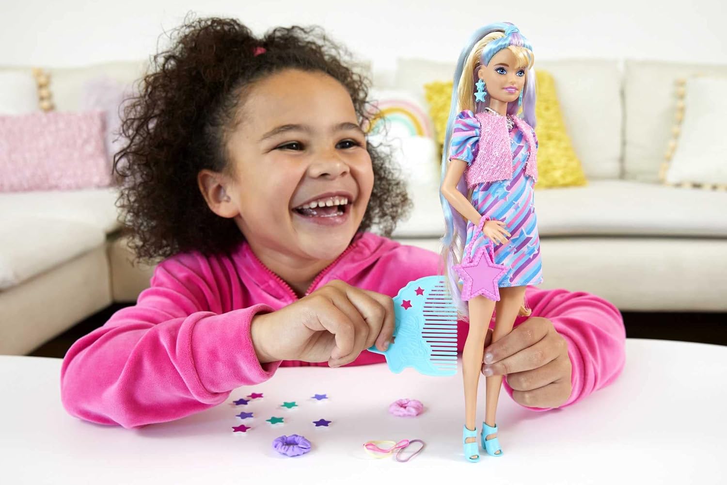 Barbie Totally Hair Doll, Barbie Doll with Blue and Pink-Streaked Blonde Hair, 15 Styling Accessories Including 8 with Colour-Changing Features, Toys for Ages 3 and Up, One Doll, HCM88-1