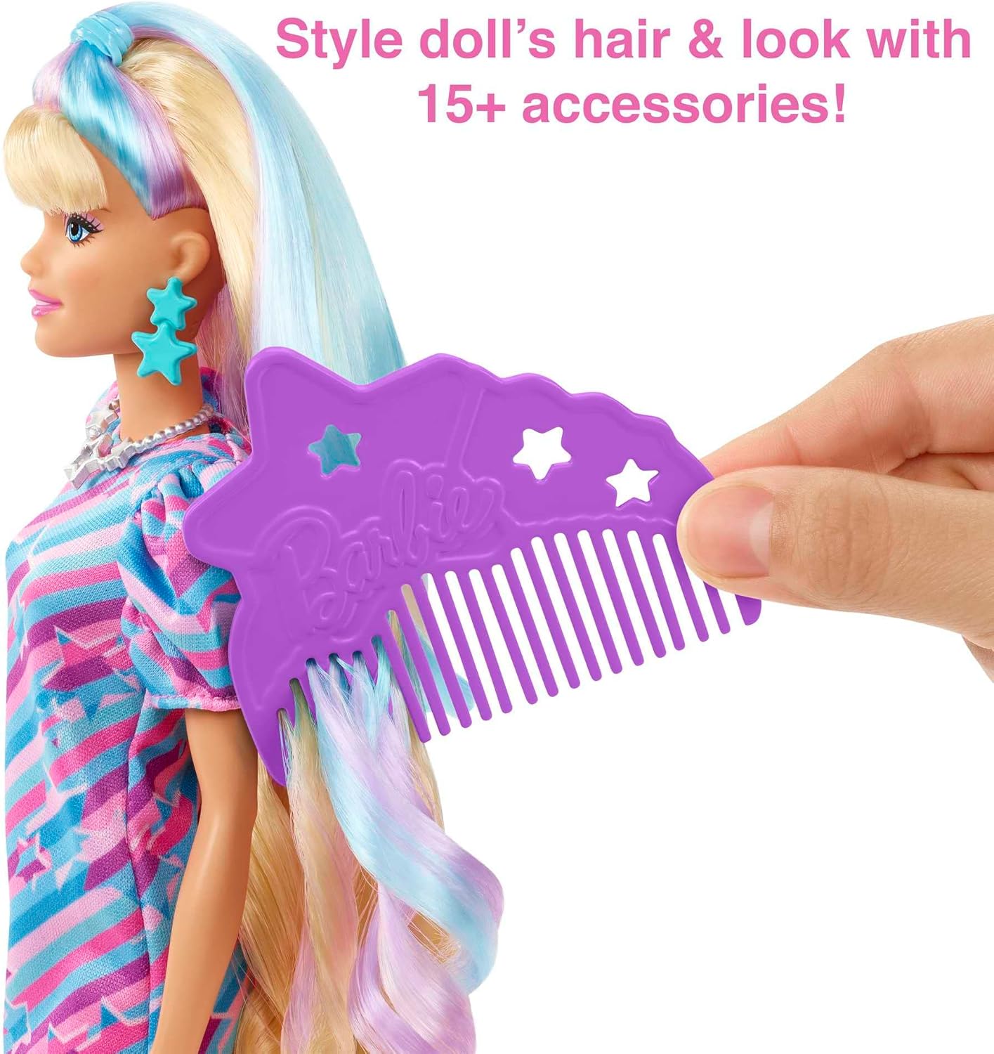 Barbie Totally Hair Doll, Barbie Doll with Blue and Pink-Streaked Blonde Hair, 15 Styling Accessories Including 8 with Colour-Changing Features, Toys for Ages 3 and Up, One Doll, HCM88-2