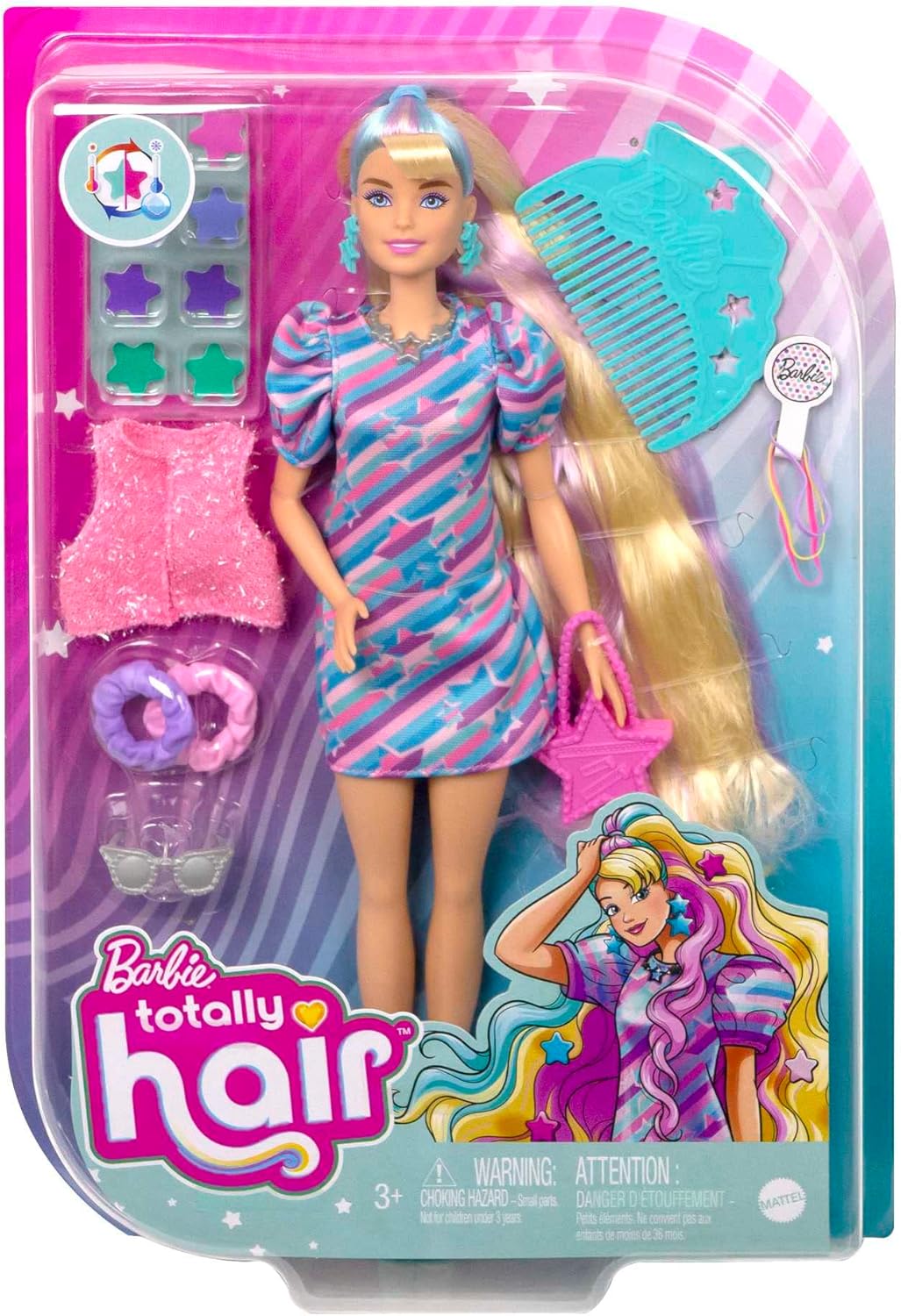 Barbie Totally Hair Doll, Barbie Doll with Blue and Pink-Streaked Blonde Hair, 15 Styling Accessories Including 8 with Colour-Changing Features, Toys for Ages 3 and Up, One Doll, HCM88-3