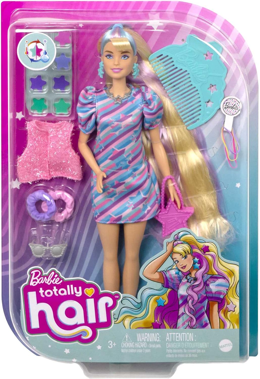 Barbie Totally Hair Doll, Barbie Doll with Blue and Pink-Streaked Blonde Hair, 15 Styling Accessories Including 8 with Colour-Changing Features, Toys for Ages 3 and Up, One Doll, HCM88-6