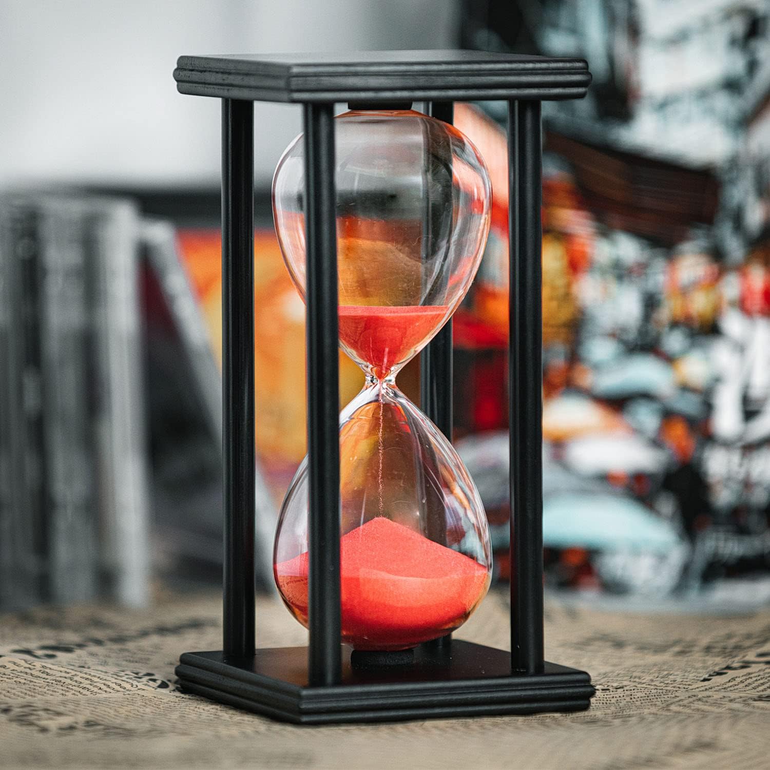 Hourglass Timer 60 Minutes, Black Wooden Frame Decorative Sand Timer (Red Sand, 8x4x4 inch)-0