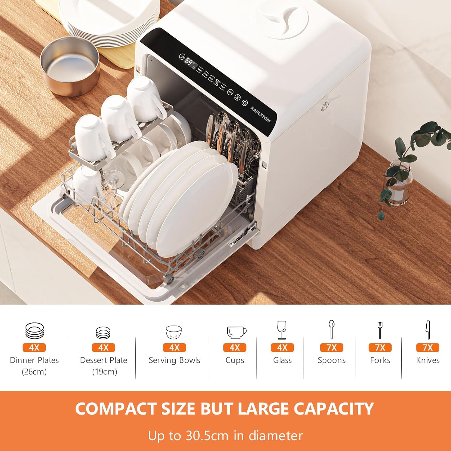 Karlxtom Table Top Dishwasher 6 Programs Mini Dishwasher with Touch Control, Auto-drying, Baby Care & Fruit Wash, Perfect for Small Families, Couples-2