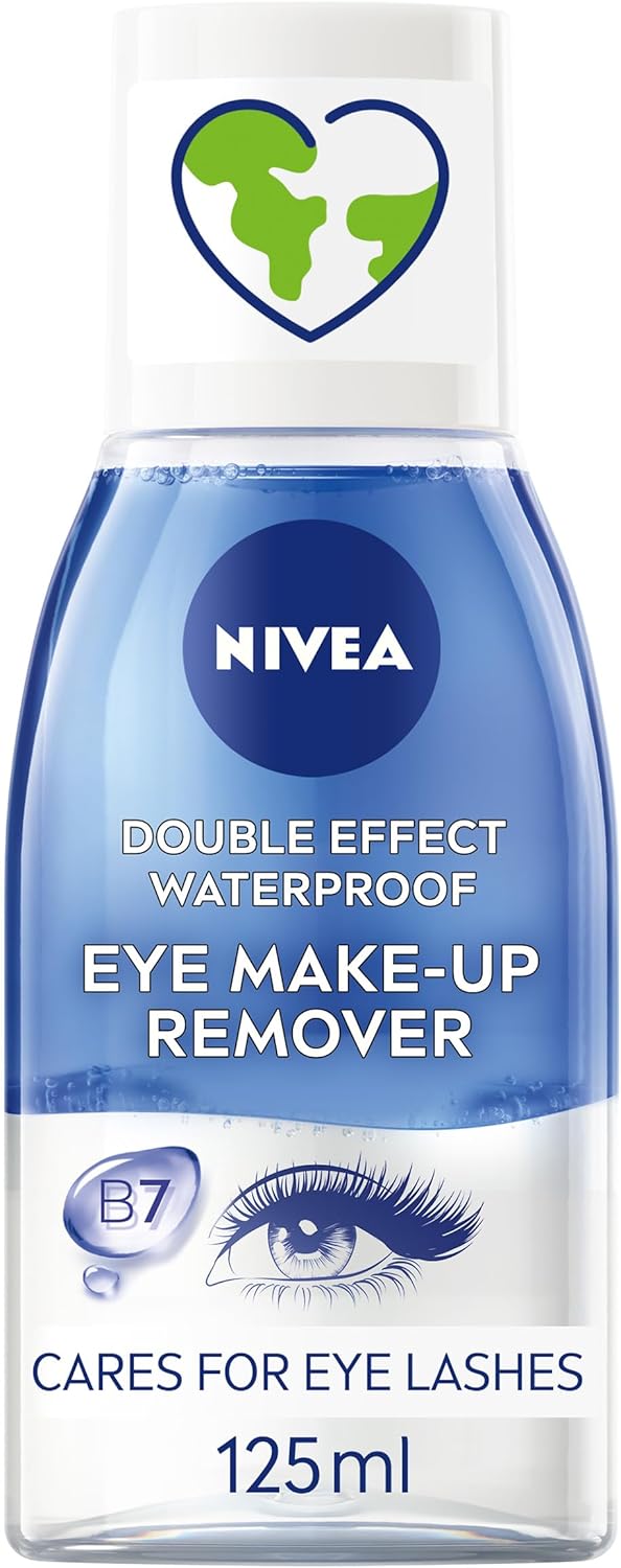 NIVEA Double Effect Waterproof Eye Make-Up Remover (125 ml), Daily Use Face Cleanser for Make-Up and Mascara with Cornflower Extract and Biotin-0