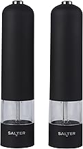 Salter 7524 BKXR Electric Salt & Pepper Grinder Set - Matt Black Soft-Touch, Push Button Operation, Battery Powered, Ceramic Mechanism, Adjustable Fine To Coarse Grind, 66g Rock Salt/30g Peppercorns