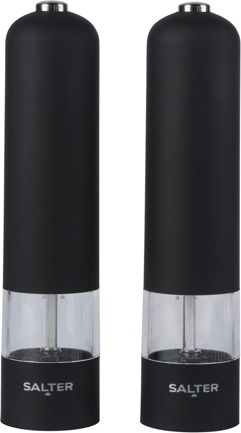 Salter 7524 BKXR Electric Salt & Pepper Grinder Set - Matt Black Soft-Touch, Push Button Operation, Battery Powered, Ceramic Mechanism, Adjustable Fine To Coarse Grind, 66g Rock Salt/30g Peppercorns-0