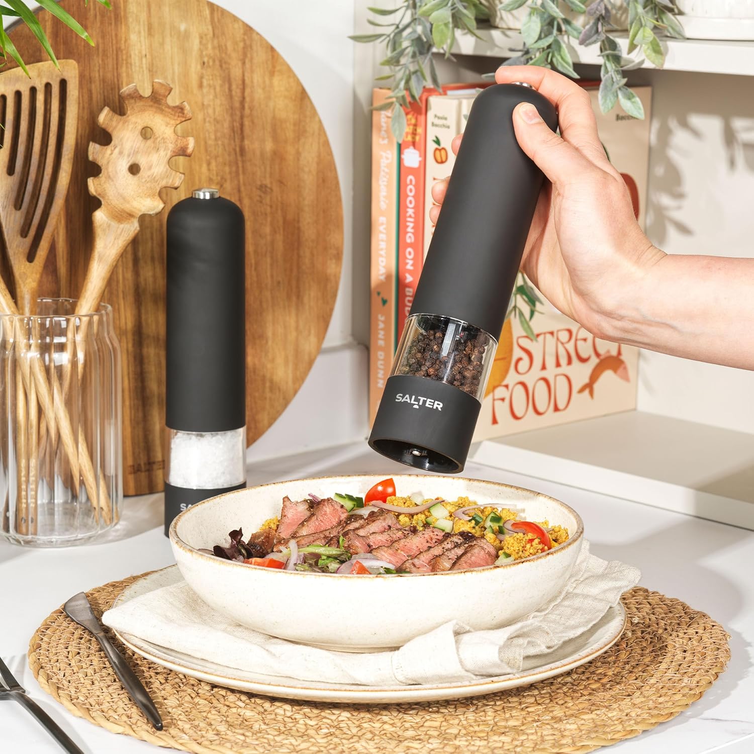 Salter 7524 BKXR Electric Salt & Pepper Grinder Set - Matt Black Soft-Touch, Push Button Operation, Battery Powered, Ceramic Mechanism, Adjustable Fine To Coarse Grind, 66g Rock Salt/30g Peppercorns-1