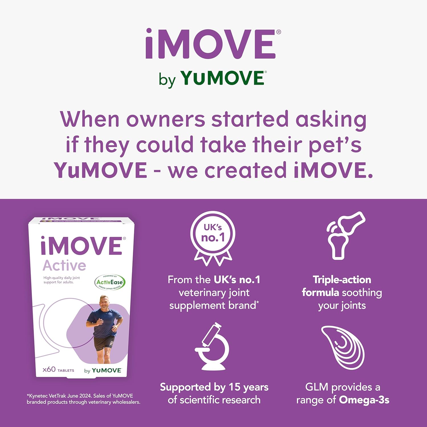 iMOVE Active | Natural Joint Supplement for Humans, 60 Tablets - Includes Glucosamine HCl, Green Lipped Mussel, Hyraluronic Acid, Vitamin E and C and Manganese-4