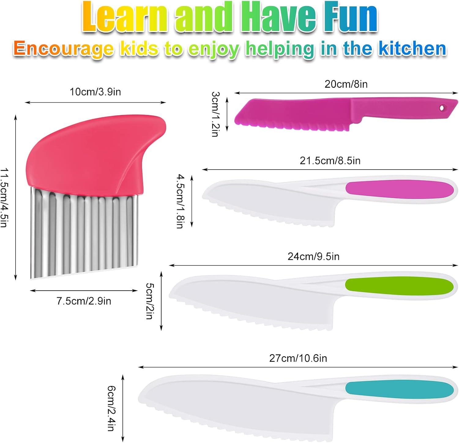 AKlamater 5PCS Kitchen Safety Knives for Kids, Children's Cooking Knives in 4 Sizes, Plastic Cutting Board Grip Serrated Edges for Vegetables Fruits Salad Cake(Pink)-1