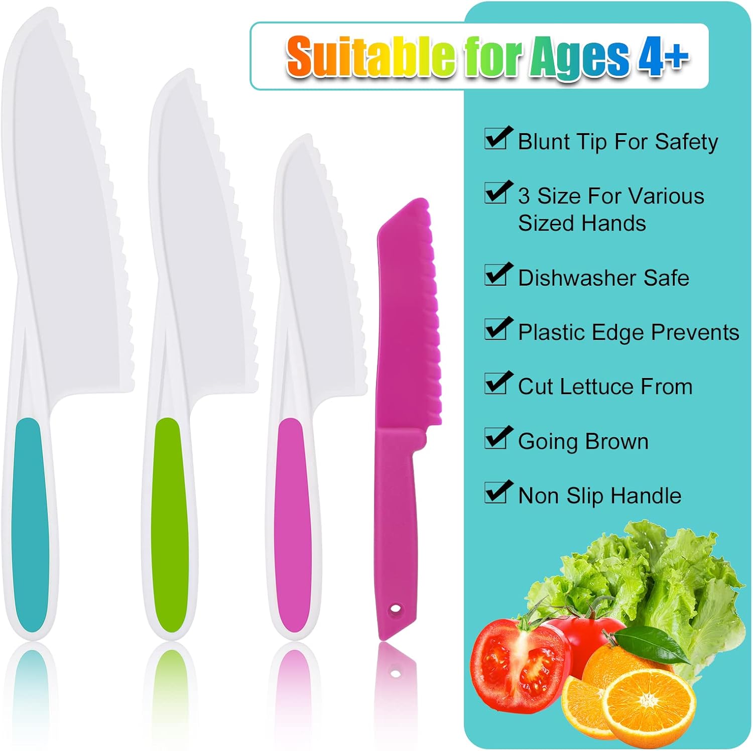 AKlamater 5PCS Kitchen Safety Knives for Kids, Children's Cooking Knives in 4 Sizes, Plastic Cutting Board Grip Serrated Edges for Vegetables Fruits Salad Cake(Pink)-2