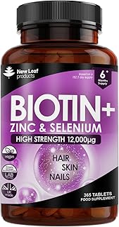 Biotin Hair Growth Vitamins 12,000mcg 365 D-Biotin Tablets Enriched with Zinc & Selenium – Vegan Hair Skin & Nails Vitamins for Women and Men High Strength Hair Vitamins - UK Made by New Leaf