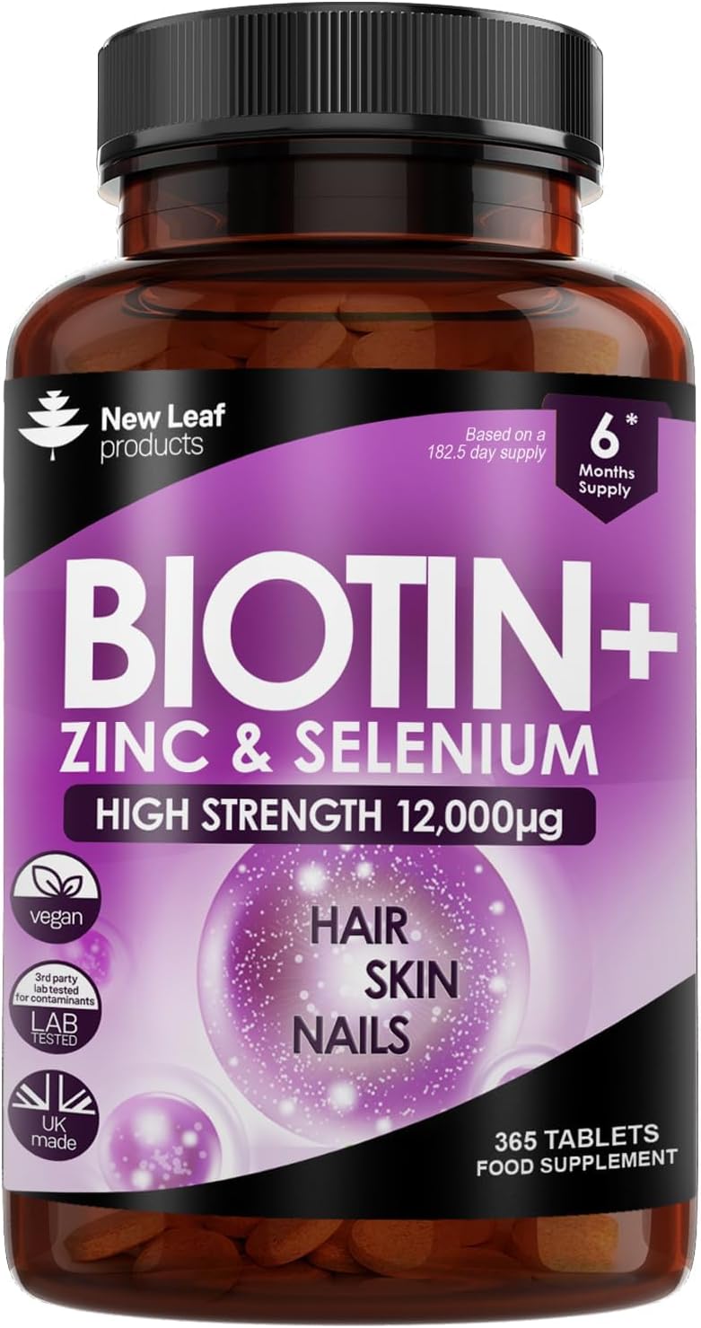 Biotin Hair Growth Vitamins 12,000mcg 365 D-Biotin Tablets Enriched with Zinc & Selenium – Vegan Hair Skin & Nails Vitamins for Women and Men High Strength Hair Vitamins - UK Made by New Leaf-0