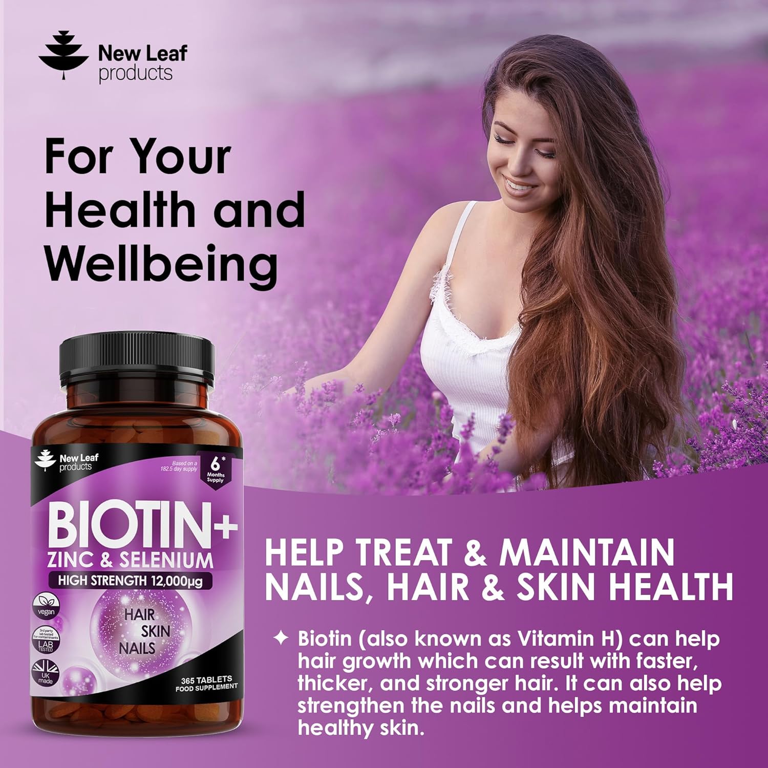 Biotin Hair Growth Vitamins 12,000mcg 365 D-Biotin Tablets Enriched with Zinc & Selenium – Vegan Hair Skin & Nails Vitamins for Women and Men High Strength Hair Vitamins - UK Made by New Leaf-2