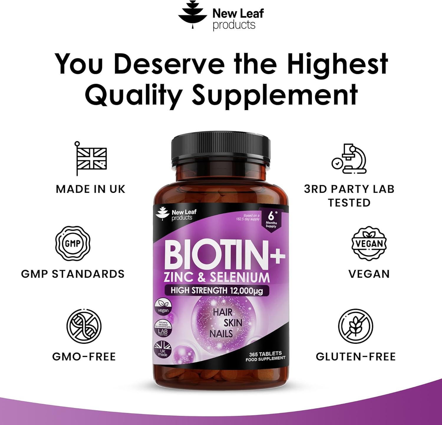 Biotin Hair Growth Vitamins 12,000mcg 365 D-Biotin Tablets Enriched with Zinc & Selenium – Vegan Hair Skin & Nails Vitamins for Women and Men High Strength Hair Vitamins - UK Made by New Leaf-3