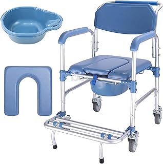 ybaymy Rolling Shower Chair Commode Toilet Chair Shower Wheelchair 150kg Weight Capacity Shower Transport Chair with Locking Wheels and Padded Seat for Disabled, Elderly People