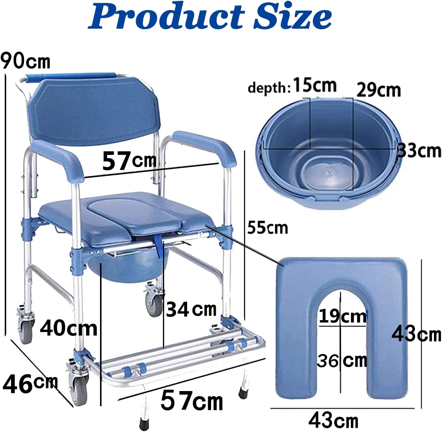 ybaymy Rolling Shower Chair Commode Toilet Chair Shower Wheelchair 150kg Weight Capacity Shower Transport Chair with Locking Wheels and Padded Seat for Disabled, Elderly People-1