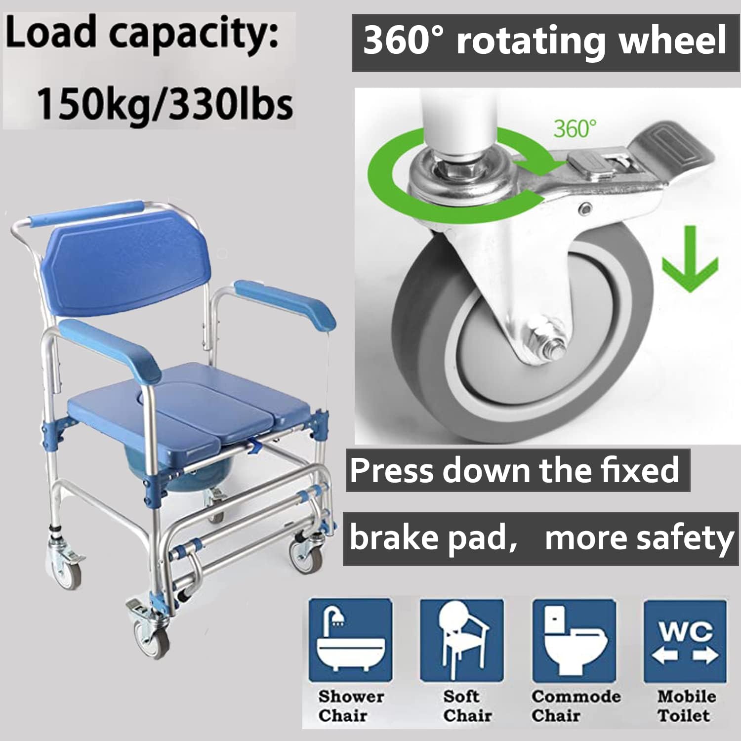 ybaymy Rolling Shower Chair Commode Toilet Chair Shower Wheelchair 150kg Weight Capacity Shower Transport Chair with Locking Wheels and Padded Seat for Disabled, Elderly People-2