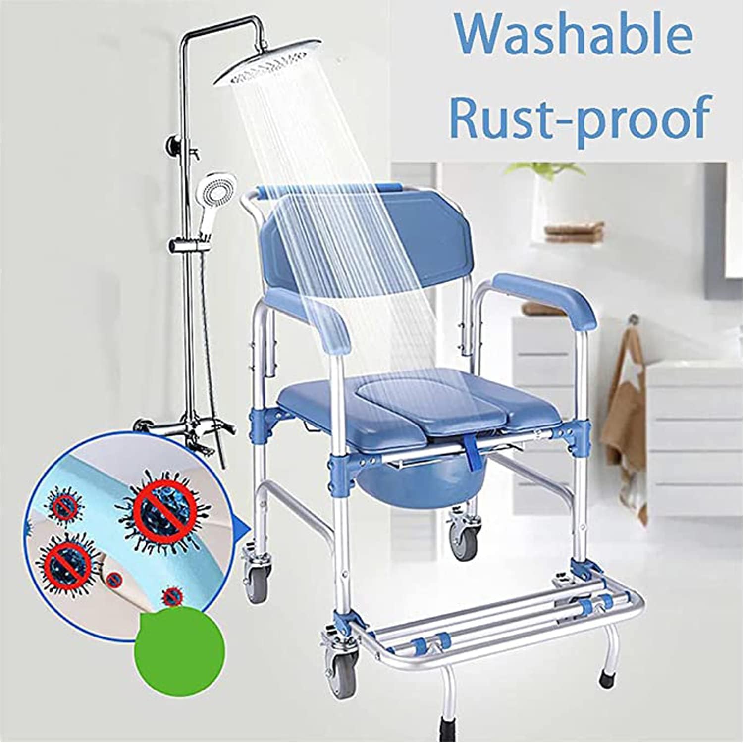 ybaymy Rolling Shower Chair Commode Toilet Chair Shower Wheelchair 150kg Weight Capacity Shower Transport Chair with Locking Wheels and Padded Seat for Disabled, Elderly People-7