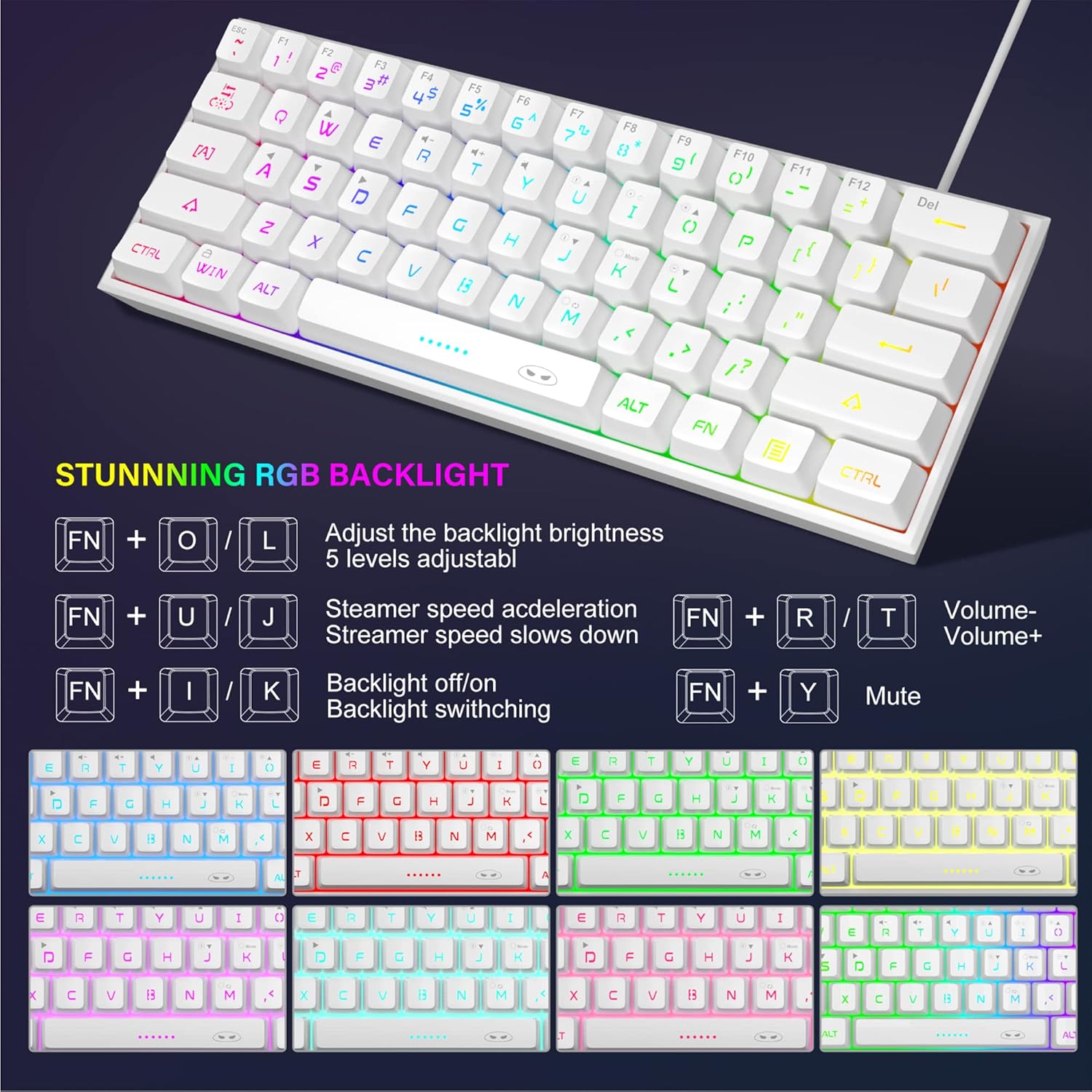 MageGee 60% Gaming Keyboard,Waterproof Ultra-Compact Mini 61 Keys Keyboard RGB Backlit Portable Computer Keyboard for Mac Windows Laptop Xbox PS PC (White)-4