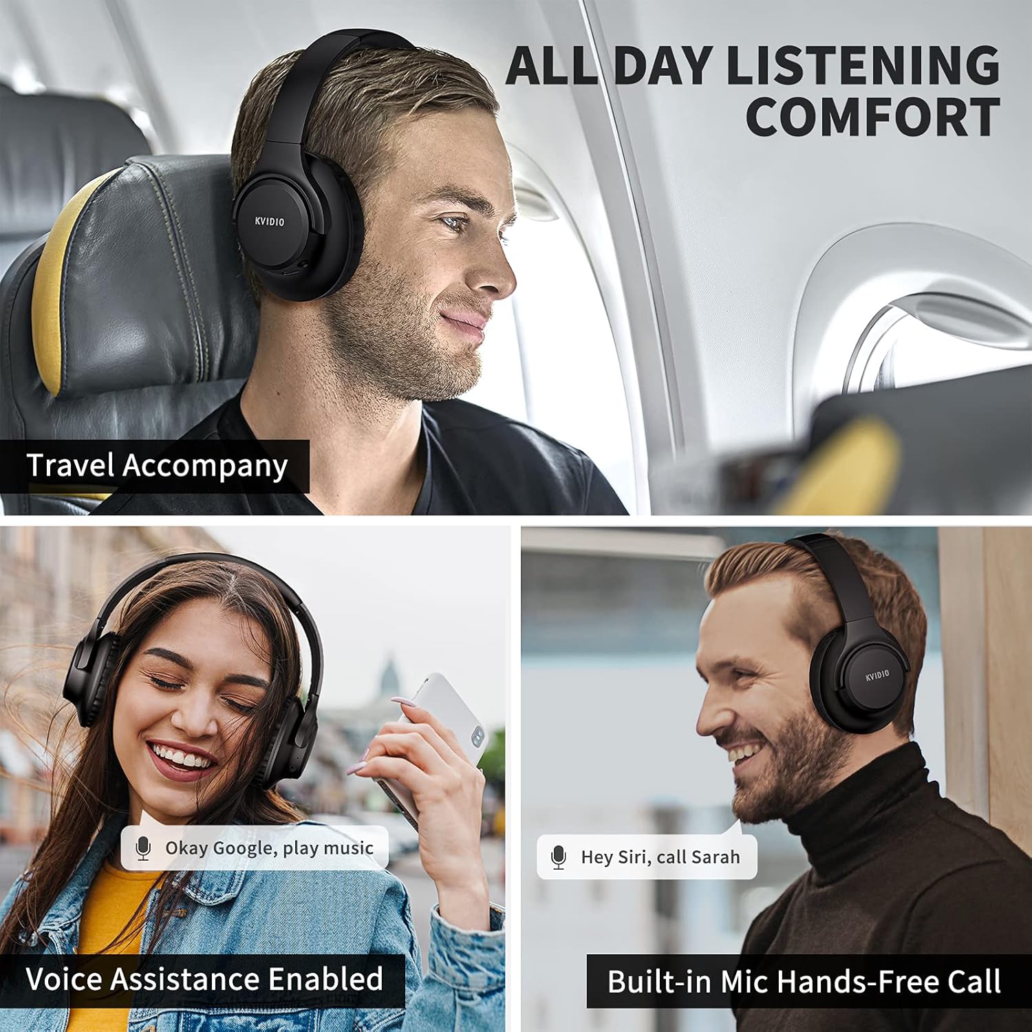 KVIDIO Bluetooth Headphones Over Ear, 65 Hours Playtime Wireless Headphones with Microphone, Foldable Lightweight Headset with Deep Bass,HiFi Stereo Sound for Travel Work PC Cellphone (Black)-4