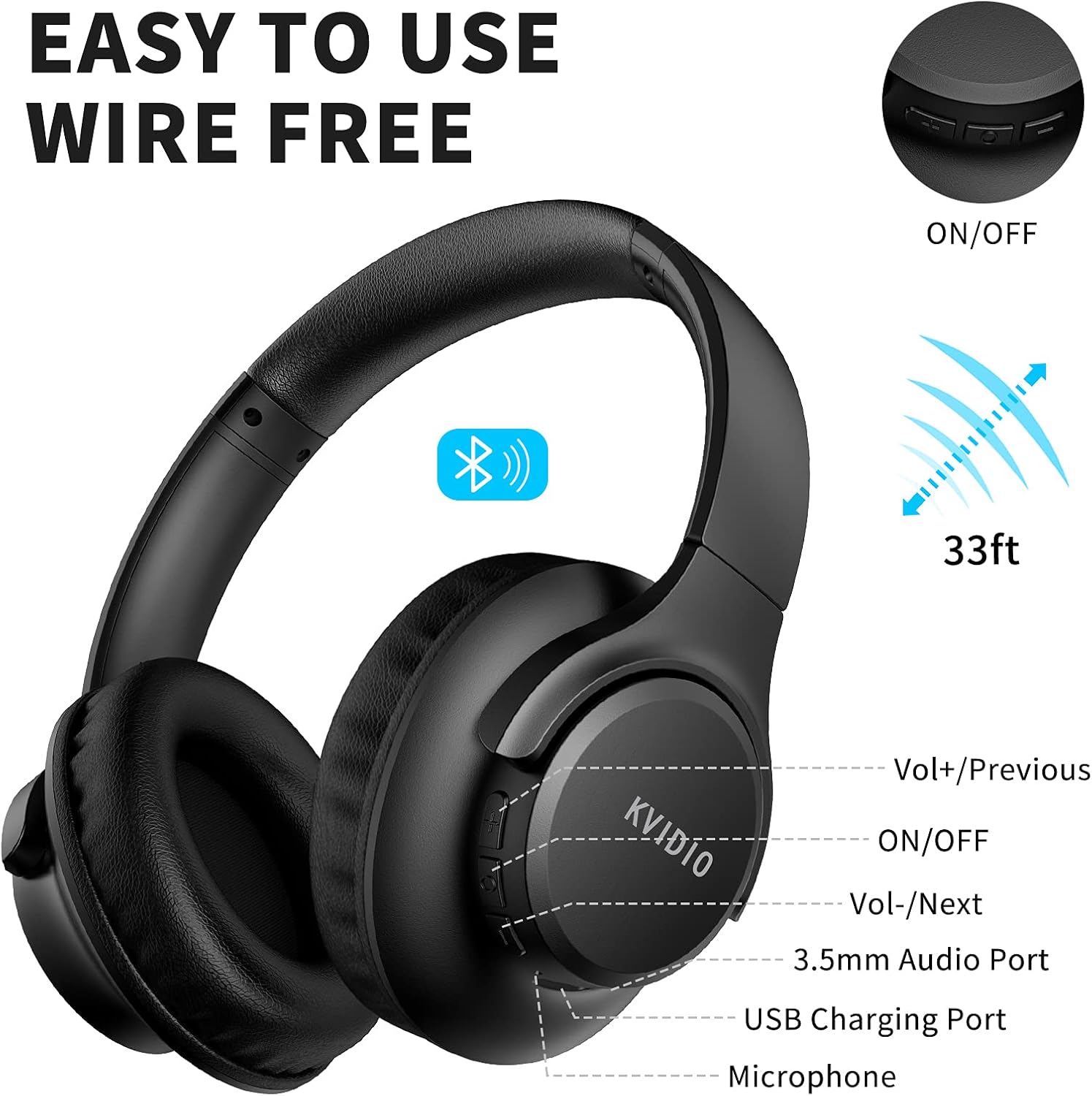 KVIDIO Bluetooth Headphones Over Ear, 65 Hours Playtime Wireless Headphones with Microphone, Foldable Lightweight Headset with Deep Bass,HiFi Stereo Sound for Travel Work PC Cellphone (Black)-5