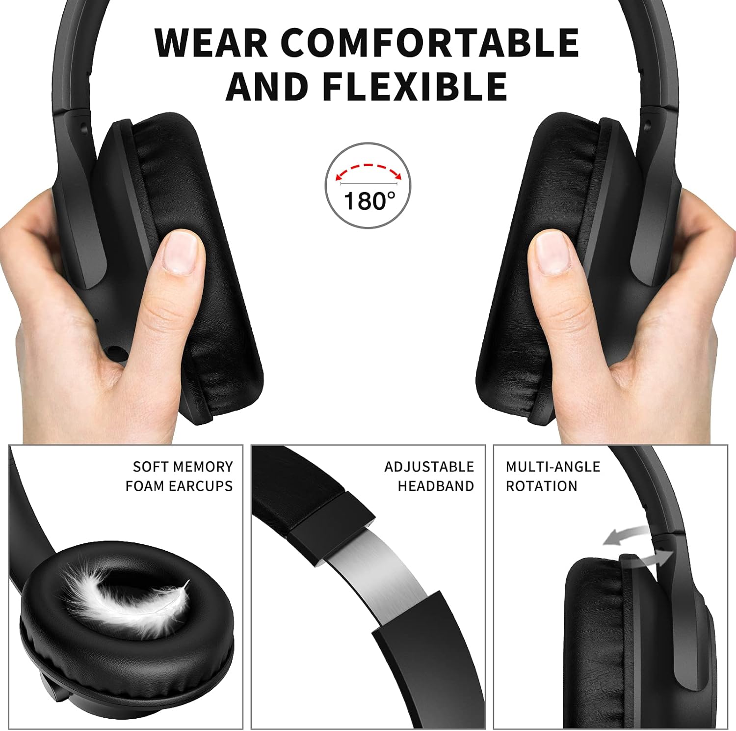 KVIDIO Bluetooth Headphones Over Ear, 65 Hours Playtime Wireless Headphones with Microphone, Foldable Lightweight Headset with Deep Bass,HiFi Stereo Sound for Travel Work PC Cellphone (Black)-6