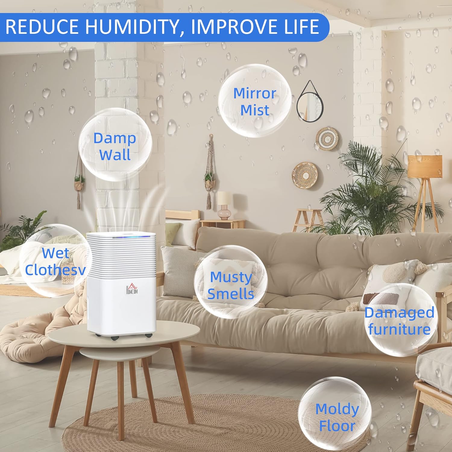 HOMCOM 12L/Day 2000ML Portable Quiet Dehumidifier for Home Laundry Room Bedroom Basement, Electric Moisture Air De-Humidifier with 3 Modes-8