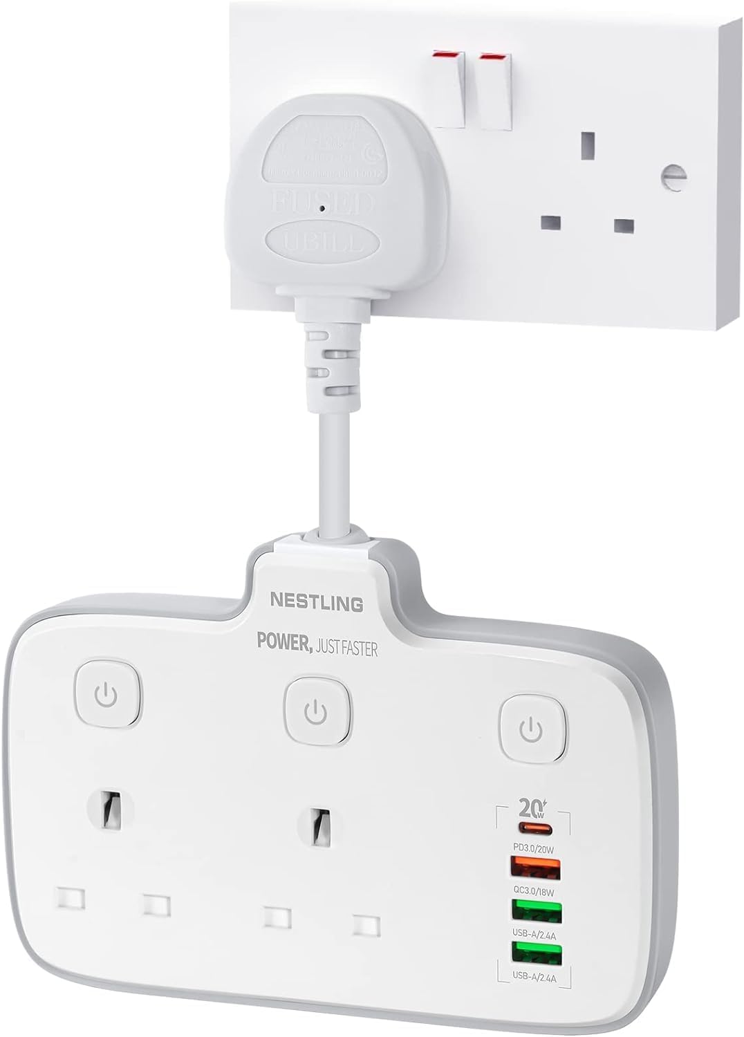 Nestling Plug Extension with 4 USB Ports, 2 Way Multi Power Socket, 6-in-1 2500W Wall Adaptor with 20W D Fast Charger for Home, Office, Kitchen, and Travel-0