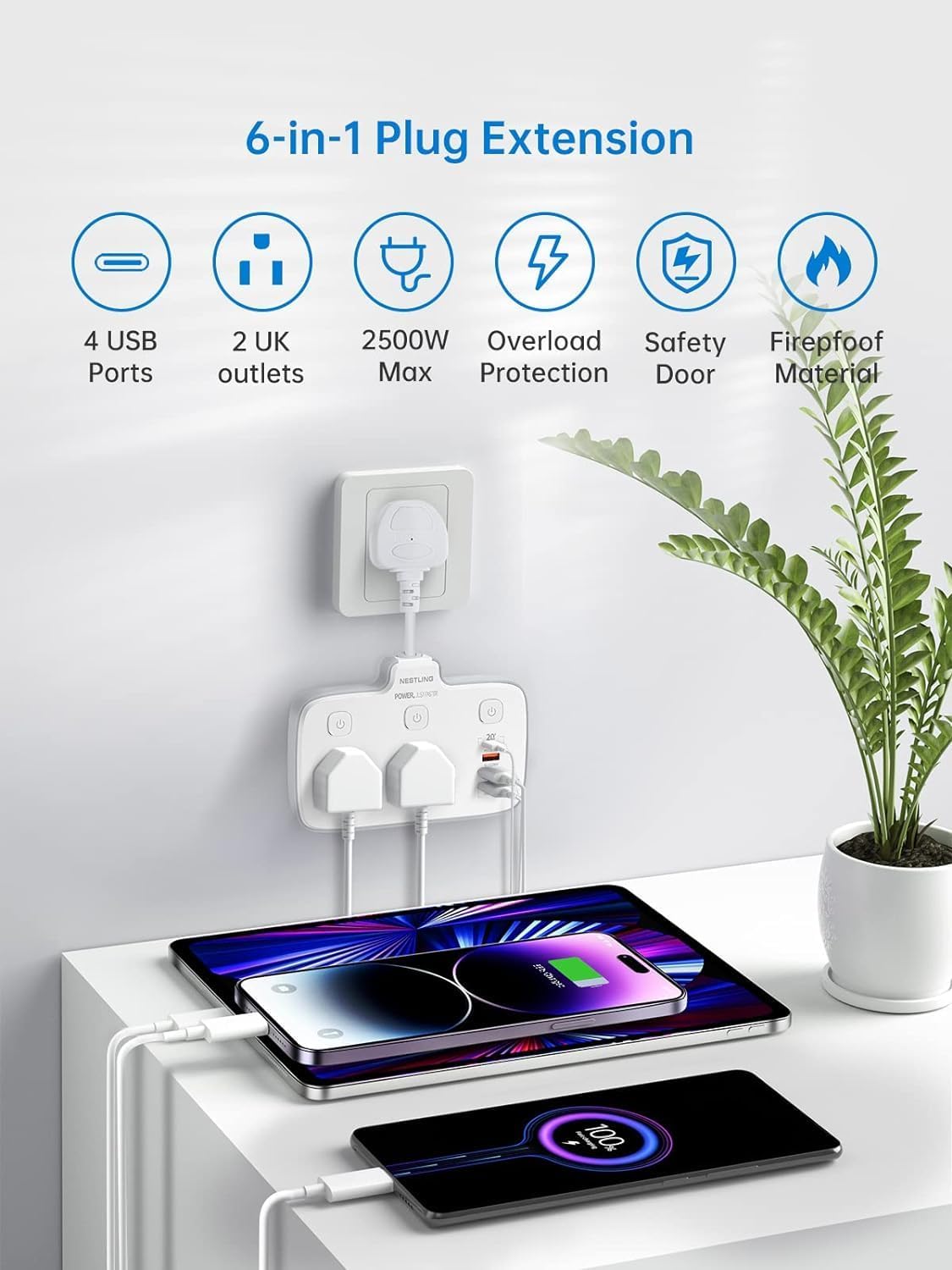 Nestling Plug Extension with 4 USB Ports, 2 Way Multi Power Socket, 6-in-1 2500W Wall Adaptor with 20W D Fast Charger for Home, Office, Kitchen, and Travel-1