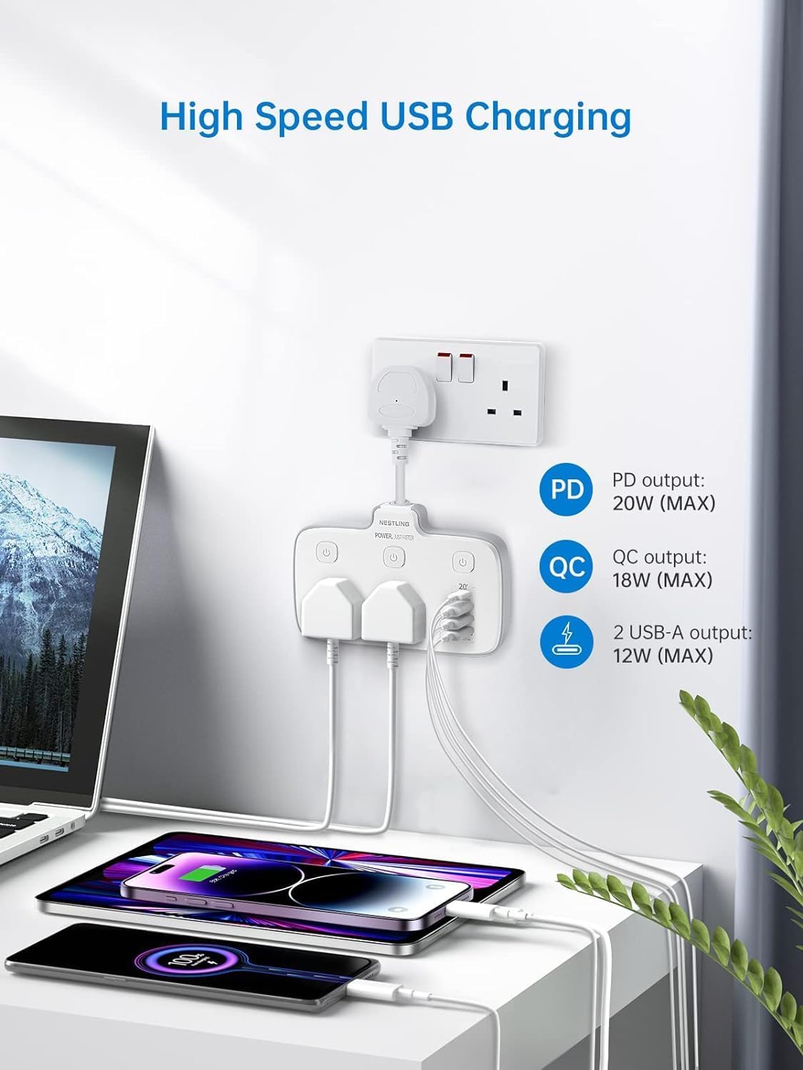 Nestling Plug Extension with 4 USB Ports, 2 Way Multi Power Socket, 6-in-1 2500W Wall Adaptor with 20W D Fast Charger for Home, Office, Kitchen, and Travel-2