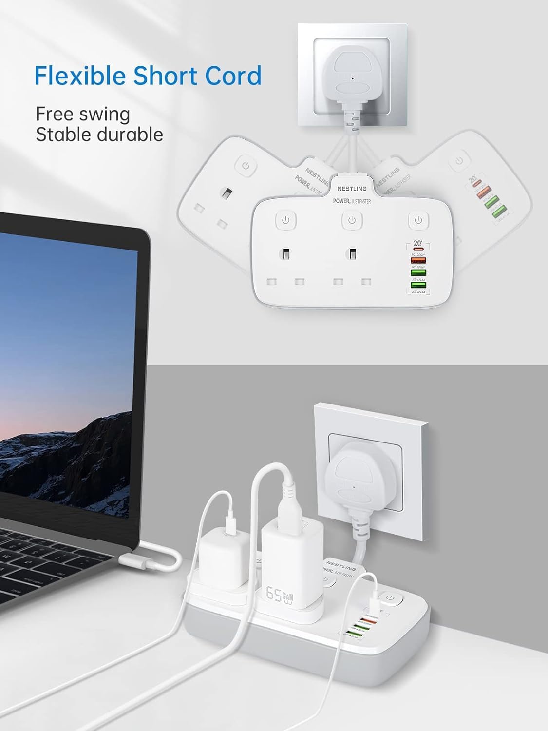 Nestling Plug Extension with 4 USB Ports, 2 Way Multi Power Socket, 6-in-1 2500W Wall Adaptor with 20W D Fast Charger for Home, Office, Kitchen, and Travel-3