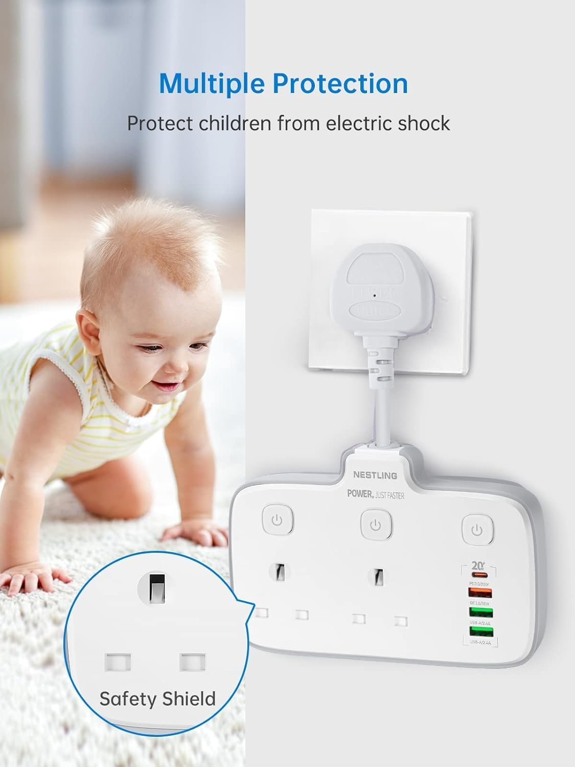 Nestling Plug Extension with 4 USB Ports, 2 Way Multi Power Socket, 6-in-1 2500W Wall Adaptor with 20W D Fast Charger for Home, Office, Kitchen, and Travel-4